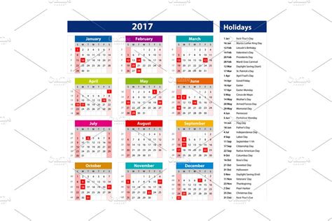 2017 Calendar Holidays Pre Designed Illustrator Graphics ~ Creative