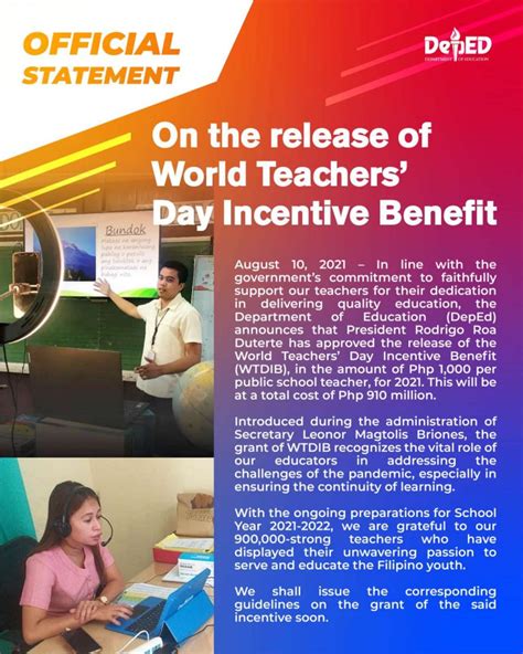 Good News Deped Official Statement On The Release Of World Teachers Day Incentive Benefit