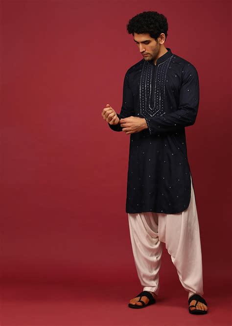 Midnight Blue Pathani Suit In Cotton With Mirror And Thread Embroidered