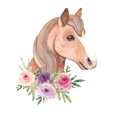 Cavalo Aquarela Desenhado à Mão Com Um Buquê De Flores Vetor Premium
