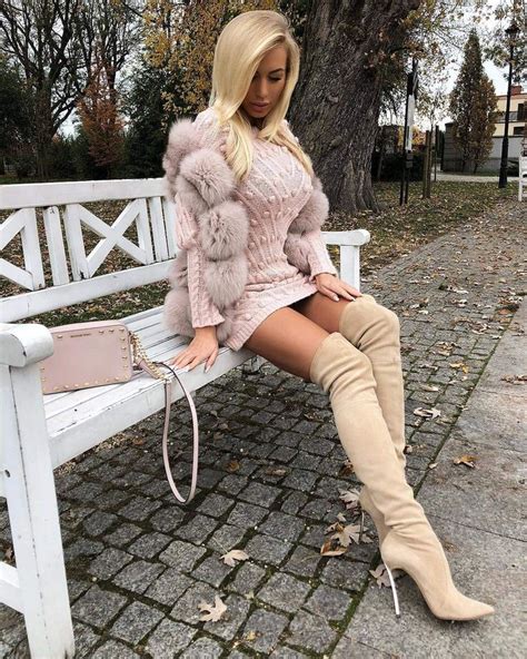 Busty Babe In Wool Outfit And Nude Boots Nude Boots Sexy Boots White