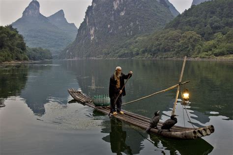 An Aged Cormorant Fisherman Rows Down The Li River With His Pet