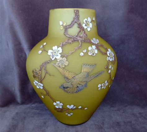Beautiful Circa 1880 Harrach Victorian Satin Glass Vase With Enameled Bird And Floral Motif