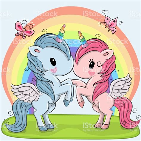 Two Cute Unicorns On A Rainbow Background Cute Unicorn Rainbow Art