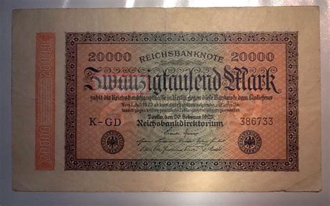 The blue and green note measures 125x80mm. German 20000 Mark 1923 Reichsbanknote Berlin Germany Marks Old Money Note