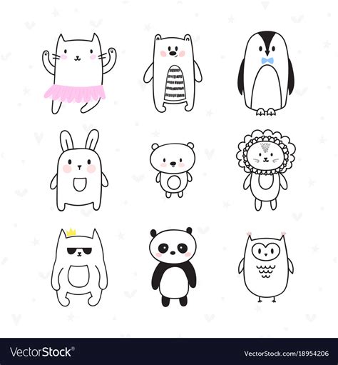 Set Of Cute Hand Drawn Animals Doodle Collection Vector Image