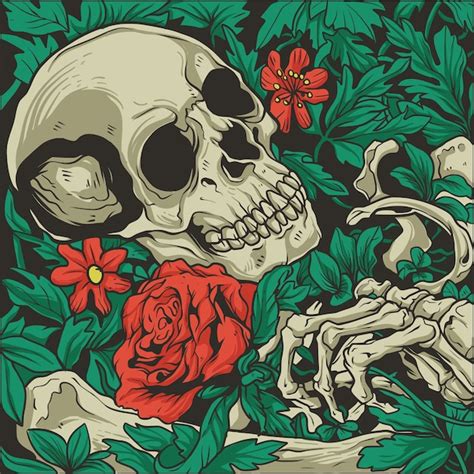 Esqueleto Con Una Ilustración De Rosas Vector Premium