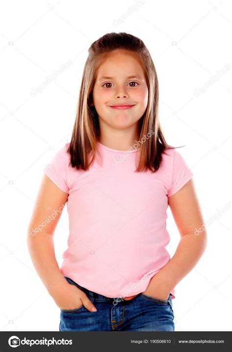 Happy Little Girl Pink Shirt Posing Isolated White Background — Stock