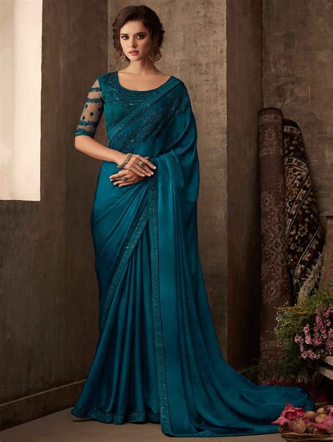 Dark Teal Blue Designer Silk Saree With Embroidered Border In 2020