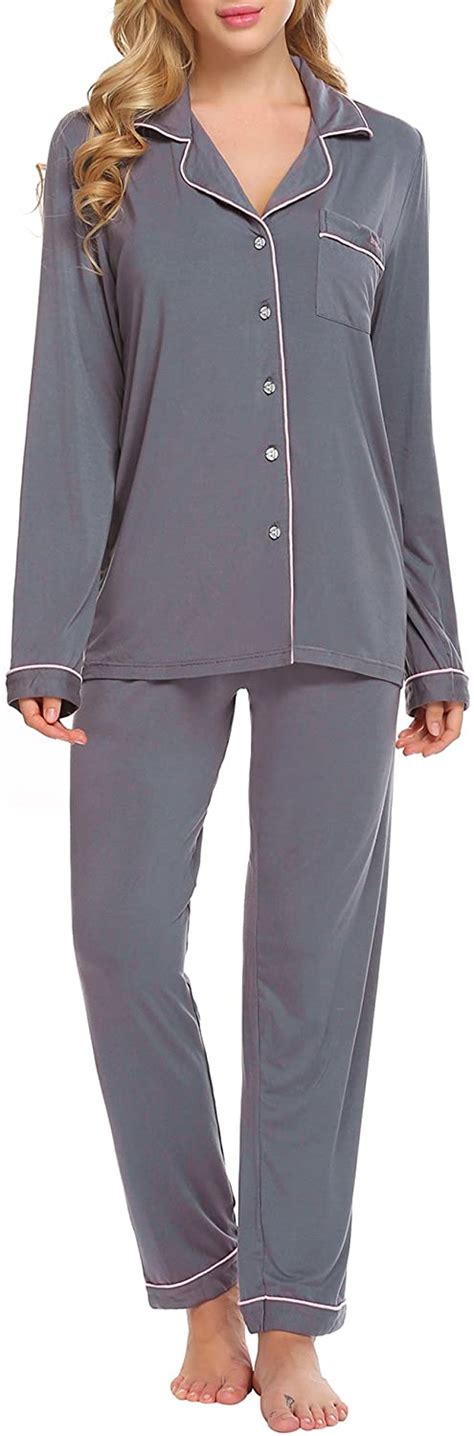 Ekouaer Pajamas Set Long Sleeve Sleepwear Womens Button Down Nightwear