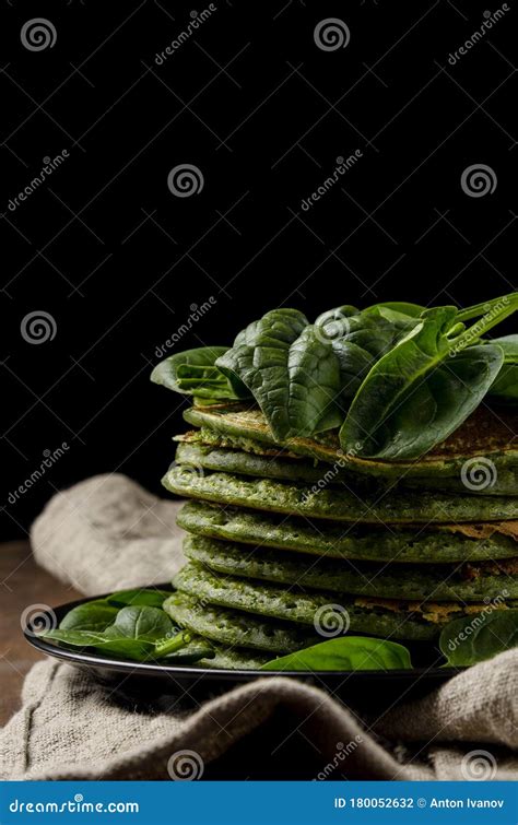 Vegetarian Pancakes Served With Yogurt And Spinach Stock Photo Image