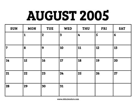 Calendar August 2005 Printable Old Calendars