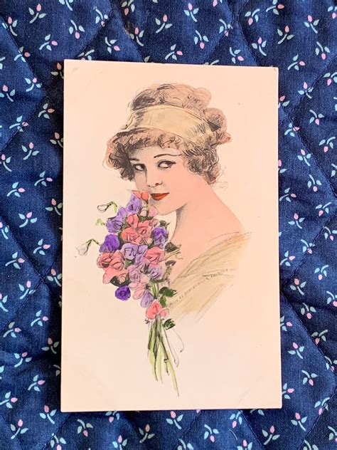 Antique 1900s Portrait Postcard Lovely Girl Holding Flower Etsy