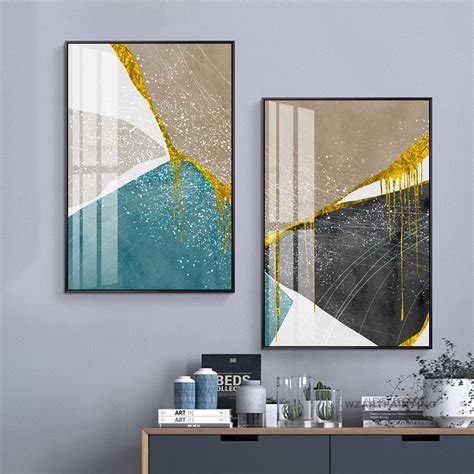 Framed Wall Art Set Of Prints Geometric Abstract Gold Gray Etsy In