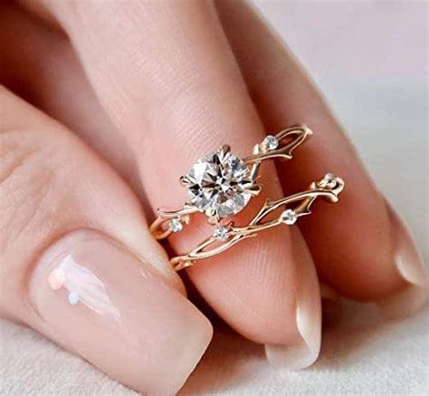Twig Bridal Set 1 Ct Moissanite Engagement Ring Matching Wedding Band Nature