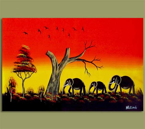 African Art Originals African Art Elephant Sunset