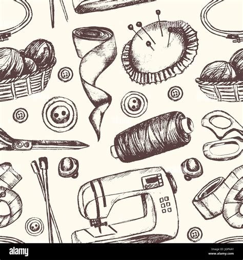 Sewing Accessories Black And White Vector Hand Drawn Seamless Pattern