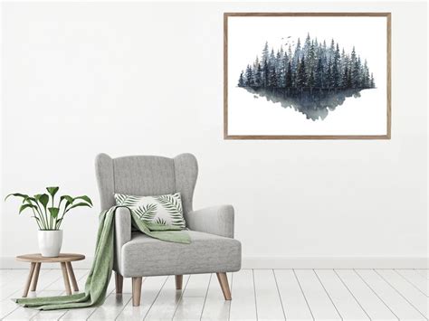 Pine Forest Watercolor Landscape Painting Fine Art Print Blue Abstract