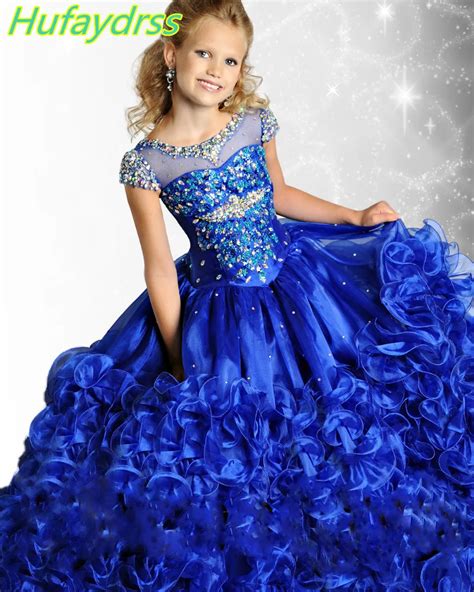 2017 Charming Royal Blue Ball Gown Girls Pageant Dresses Scoop Neck Floor Length Beaded Crystal