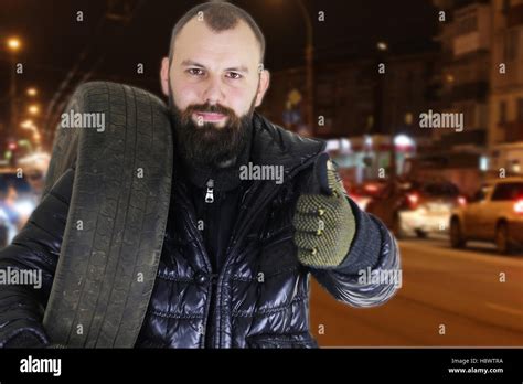 Man Changing Tire Wheels Winter Stock Photo Alamy