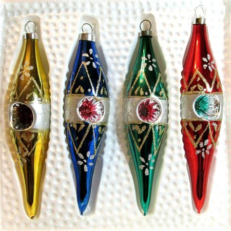 Vintage Teardrop Indent Glass Ornaments Box Of 4 Blown Glittered Rau