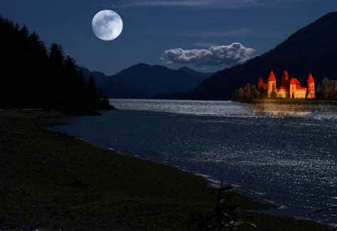 Mountain Castle And Moonlight Castle Moonlight Landscape