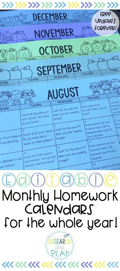 Editable Kindergarten Monthly Homework Calendars In English And Spanish