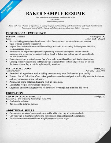baker resume resumecompanioncom sample resume
