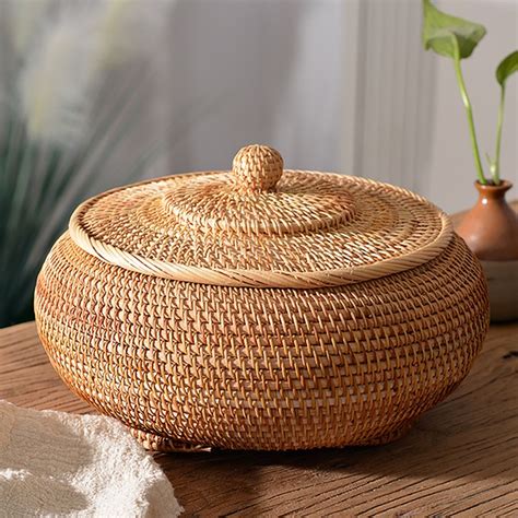 Round Ottoman Basket With Lid Rattan Basket With Lid For Home Etsy