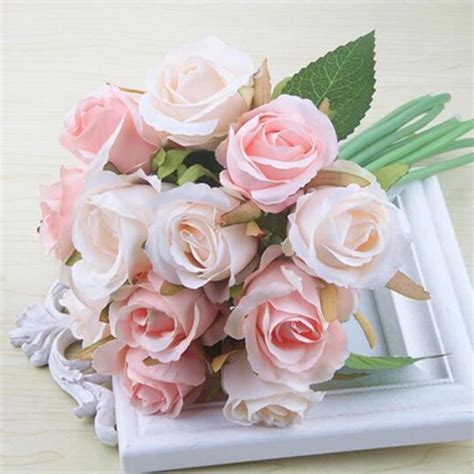 12 Pcs Lots Fleurs Roses Artificielles Bouquet De Mariage Blanc Rose