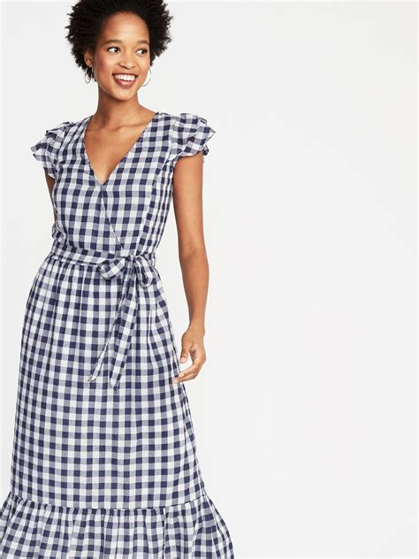 Waist Defined Wrap Front Gingham Midi For Women Old Navy Dresses