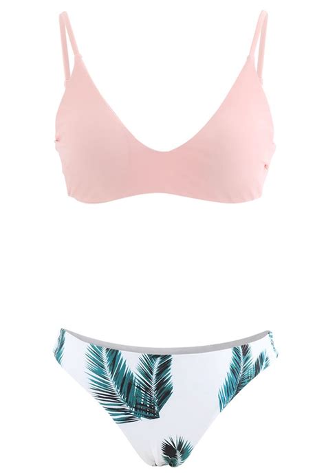 Adjustable Straps Leaf Print High Cut Leg Bikini Set In Pink Retro