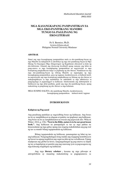 Pdf Mga Kasangkapang Pampanitikan Sa Mga Eko Panitikang Manobo Tungo