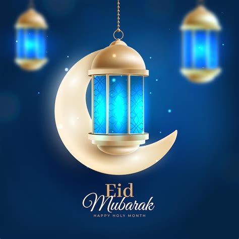 Free Vector Crescent Moon And Blue Light Realistic Eid Mubarak