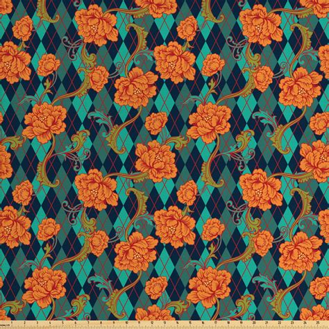 Renaissance Fabric By The Yard Vibrant Baroque Blossoms Over Geometric