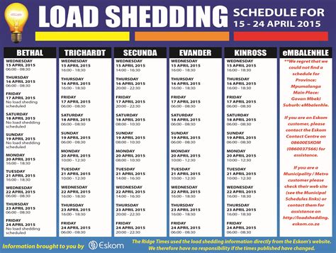 If you are scheduled from 16:00 to 18:30, but loadshedding is declared at 17h00, you will only be load shed from 17h00 to 18h30. Load shedding schedules for Govan Mbeki Municipality are ...