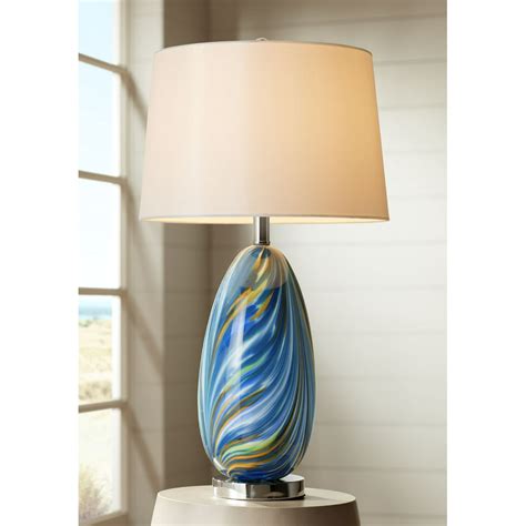 Possini Euro Design Modern Table Lamp Multi Color Blue Art Glass Tapered Drum Shade For Living
