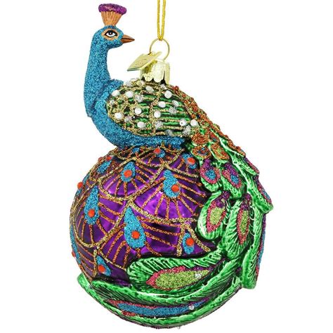 Peacock On Ball 5 Inch Glass Ornament Peacock Ornaments Glass
