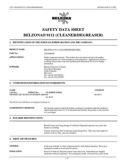 Safety Data Sheet Belzona® 9111 Cleanerdegreaser 1 Identification