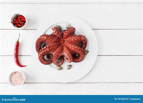 Whole Fresh Raw Octopus On Plate Copy Space Stock Photo Image Of