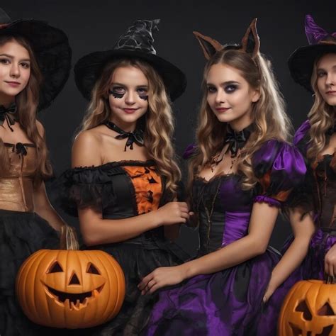 Premium Ai Image Group Of Girls Dressed In Halloween Costumes In Studio