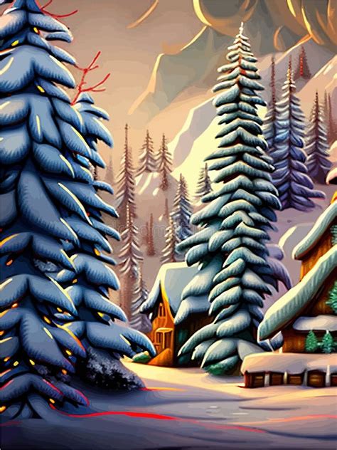 Winter Is Coming Snowy Night With Coniferous Forest Houses In Snow