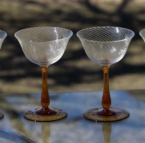 Vintage Amber Cocktail ~ Martini Glasses Set Of 4 Vintage Optic Swirl With Amber Stem Cocktail