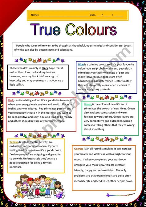True Colours Esl Worksheet By Rudedude