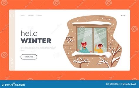 Hello Winter Landing Page Template Little Kids Looking On Snow Through
