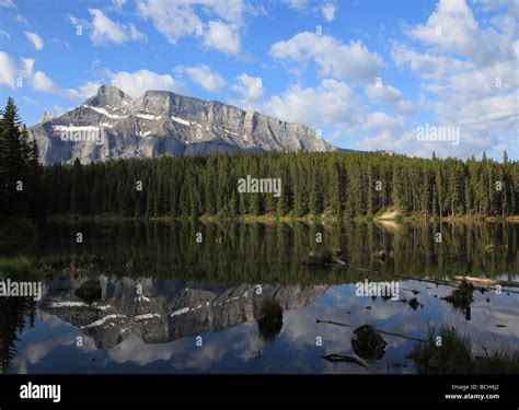 Canada Alberta Banff National Park Johnson Lake Mount Rundle Stock