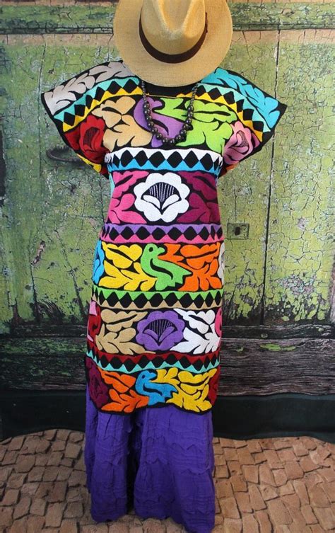 striped multi color hand embroidered huipil dress jalapa oaxaca mexico hippie hand embroidered
