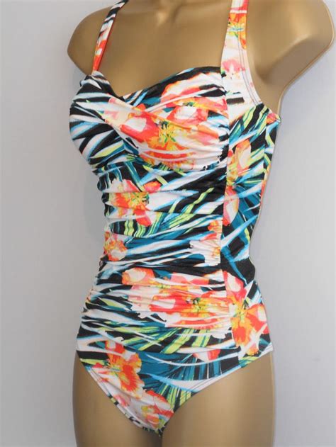 Ladies Black Orange Mands Ruched Tropical Print Swimsuit Size 14 New