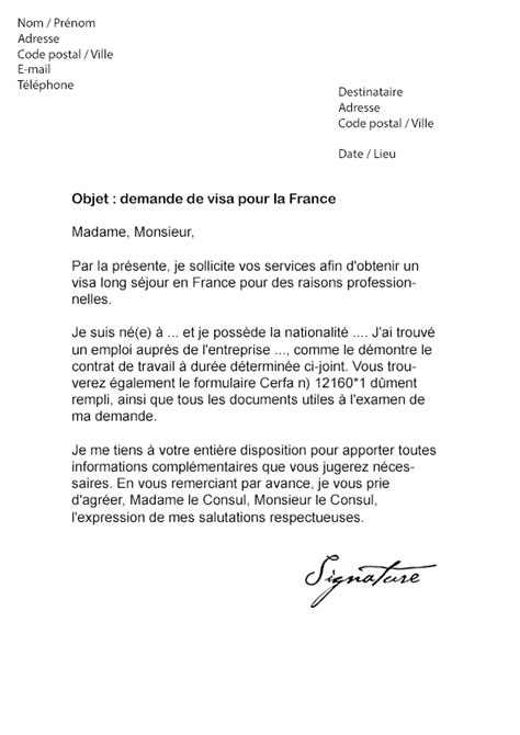 Lettre de demande de Visa pour la France Modèle de Lettre