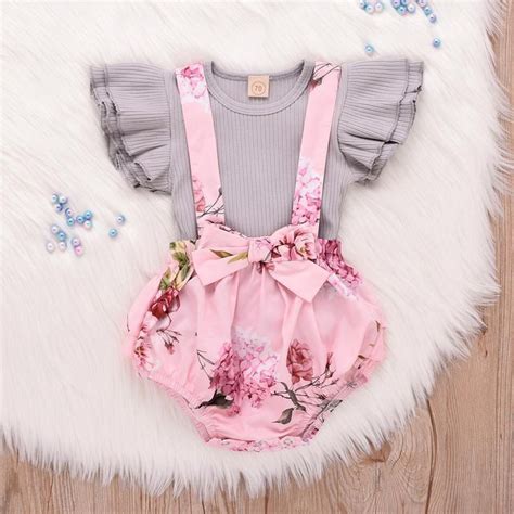 Baby Girls Solid Flutter Sleeve Top And Floral Print Overalls Set